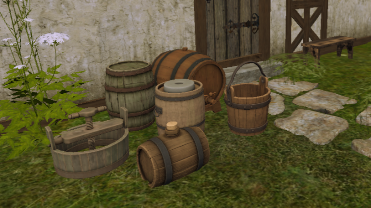 Some barrels to add to my farm: a wine barrel, a small barrel for travelling,  a weathered container and two barrels foreseen to ferment meat, veggies and fish. A nice water bucket, too. All MCT and free of costs. It was a long working night. Scripts follow in due time. Have a nice time on your farm!