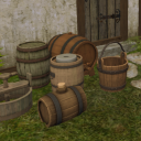 Some barrels to add to my farm: a wine barrel, a small barrel for travelling,  a weathered container and two barrels foreseen to ferment meat, veggies and fish. A nice water bucket, too. All MCT and free of costs. It was a long working night. Scripts follow in due time. Have a nice time on your farm!